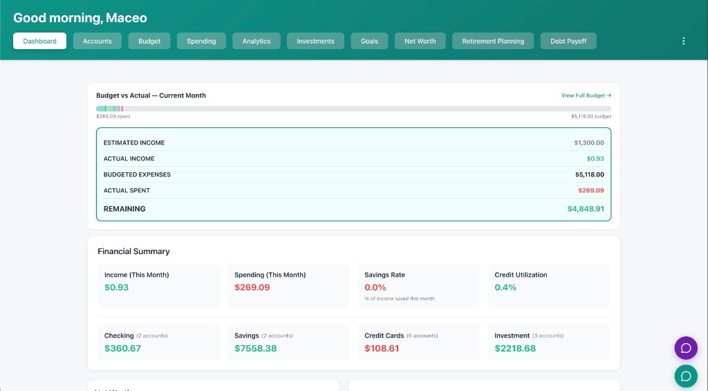 Kove Finance dashboard showing budget tracking and financial summary